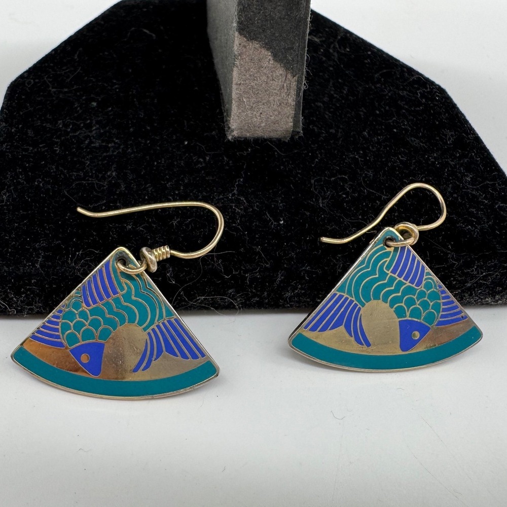 Laurel Burch Vintage Carp Cloisonne Enamel Fan Fish Drop Earrings Blue Gold Tone